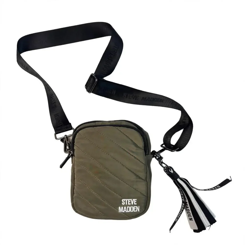 Steve Madden Olive Quilted Nylon Crossbody Bag Mini Messenger Tassel Logo Strap